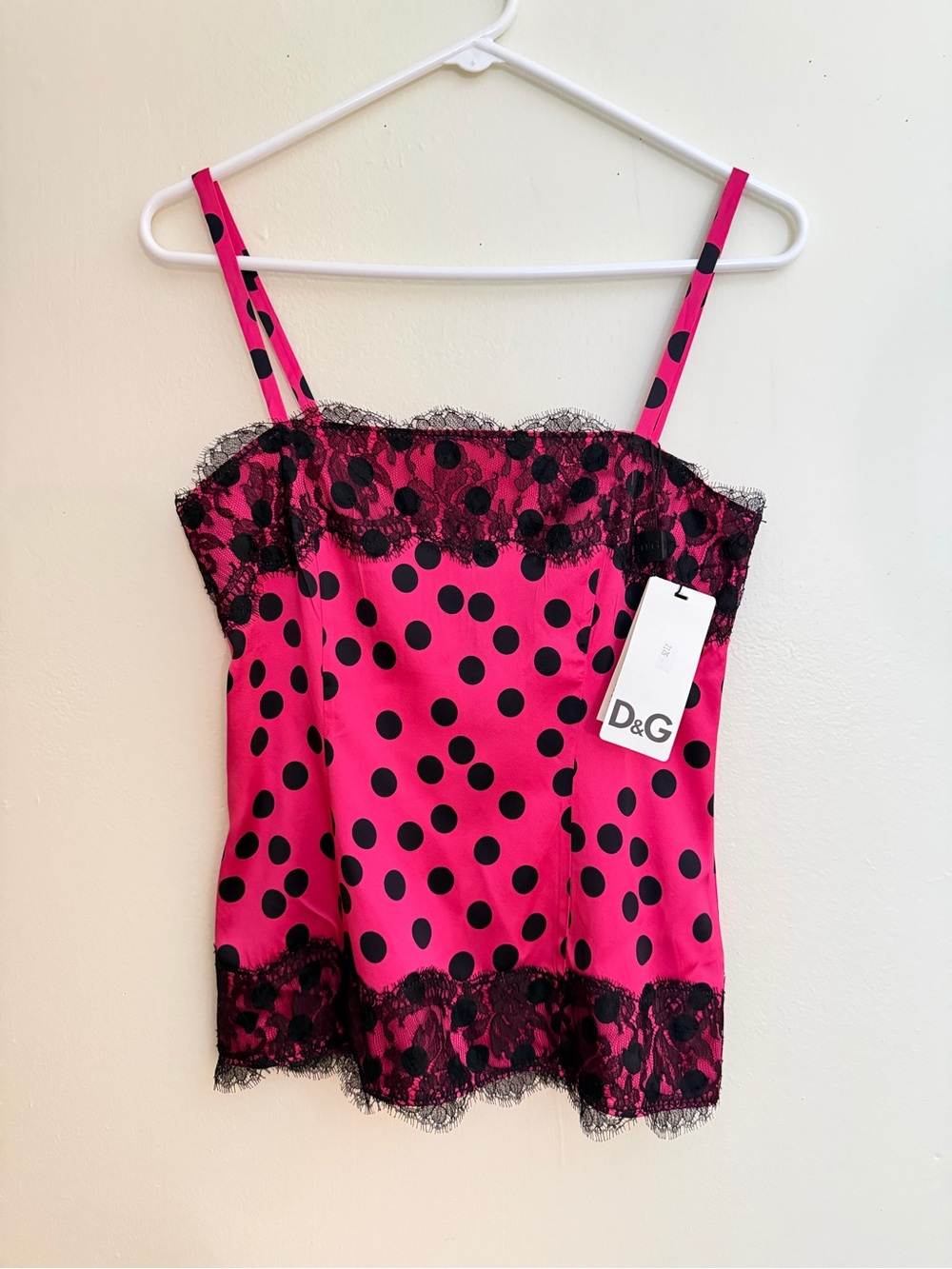 D&G Pink and Black Polka Dot Lace Trim Camisole